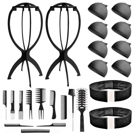 WK014L (2-Wig Stands, 2-Lace Wig Grips, 8-Wig Caps, 10-Combs, 2-Brushes) - Wig Accessory Kit