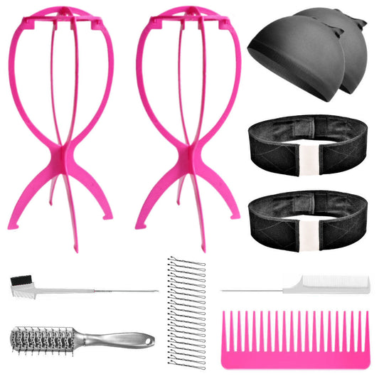 WK022B - 2-Wig Stand, 2-Part Lace Band, 2-Wig Cap, 3-Comb 1-Brush by Wig Aisle in color WK-BLACK_PK