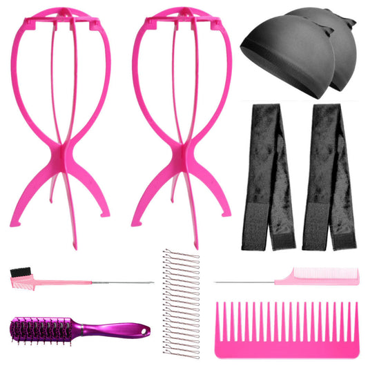 WK022 - 2-Wig Stands, 2-Wig Grip, 2-Wig Caps, 2-Combs, 2-Brushes by Wig Aisle in color WK-BLACK_PK