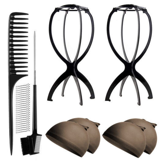 WK045 - 2 Wig Stands, 4 Wig Caps, 1 Comb, 1 Edge Brush by Wig Aisle in color WK-DARK_BLK